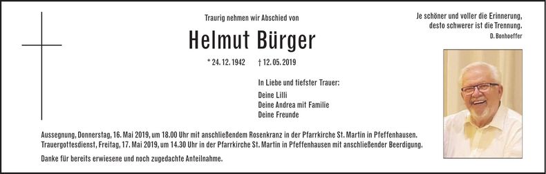 Traueranzeige Helmut Bürger