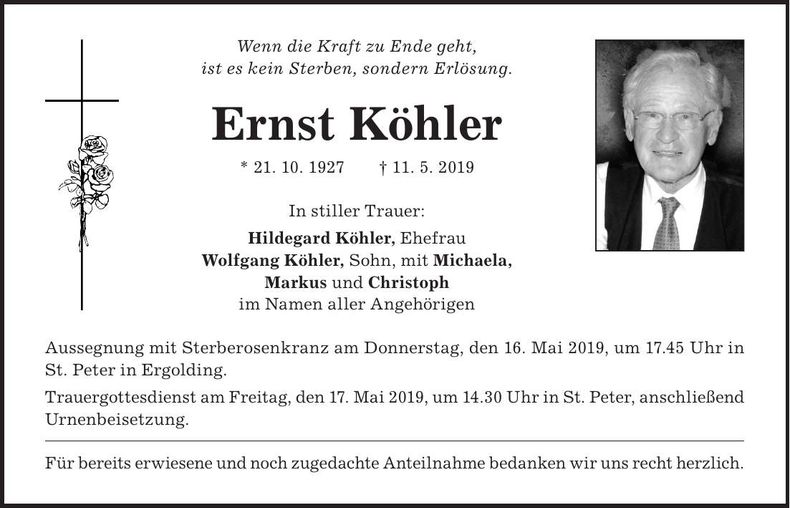 Traueranzeige Ernst Köhler