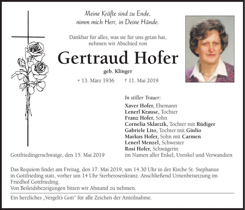 Traueranzeige Gertraud Hofer