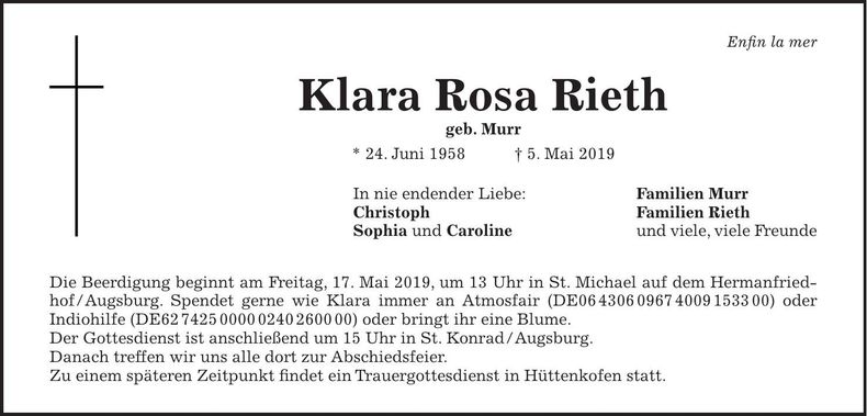 Traueranzeige Klara Rosa Rieth