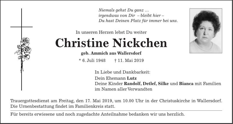 Traueranzeige Christine Nickchen