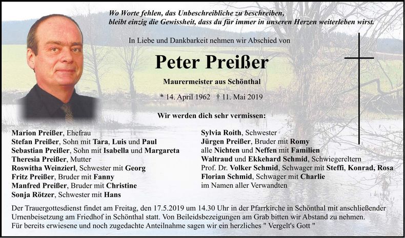 Traueranzeige Peter Preißer