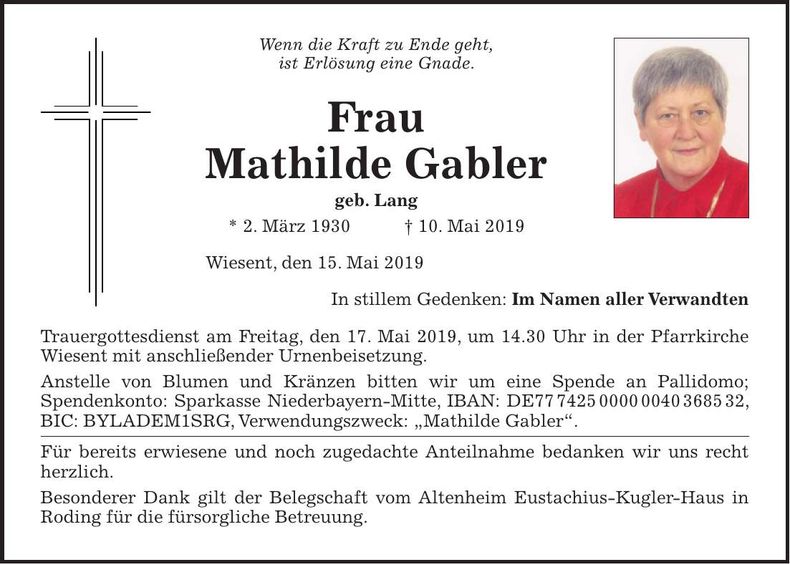 Traueranzeige Mathilde Gabler
