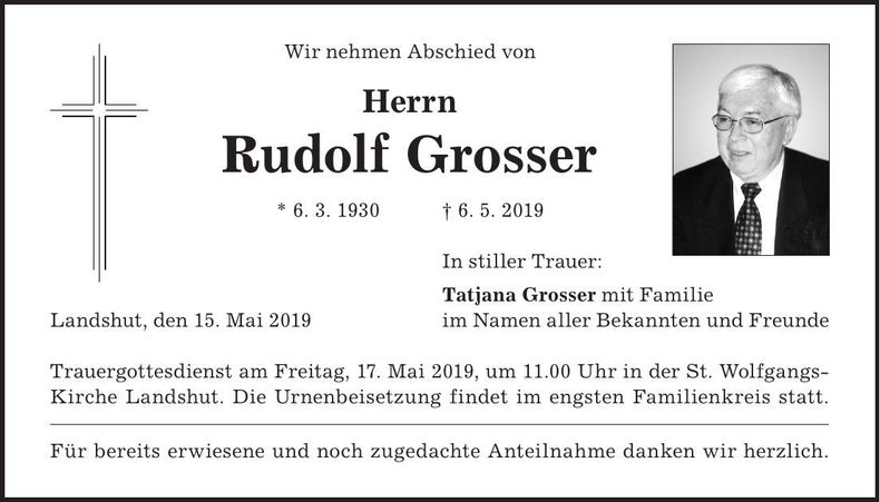 Traueranzeige Rudolf Grosser