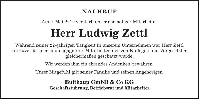 Traueranzeige Ludwig Zettl