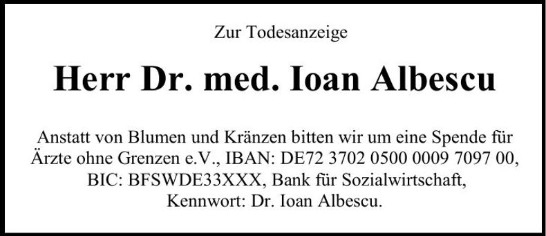 Traueranzeige Ioan Dr. med. Albescu
