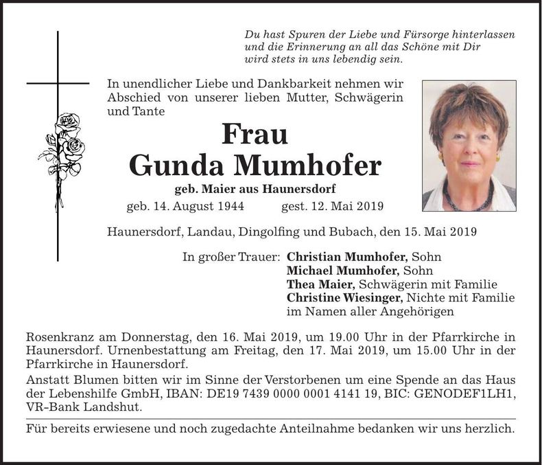 Traueranzeige Gunda Mumhofer