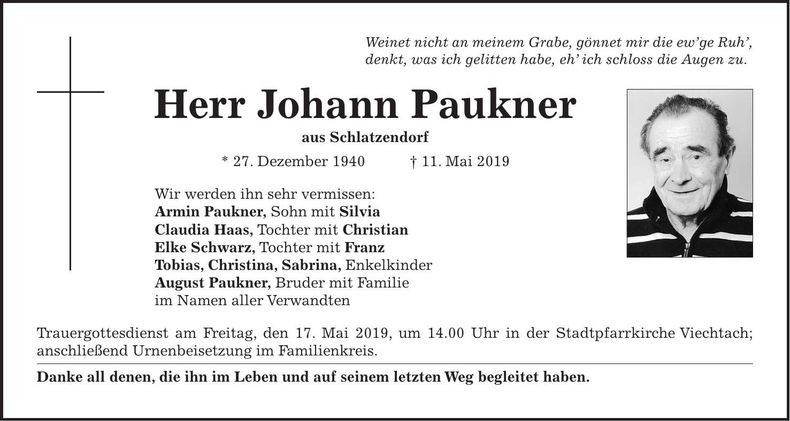 Traueranzeige Paukner Johann