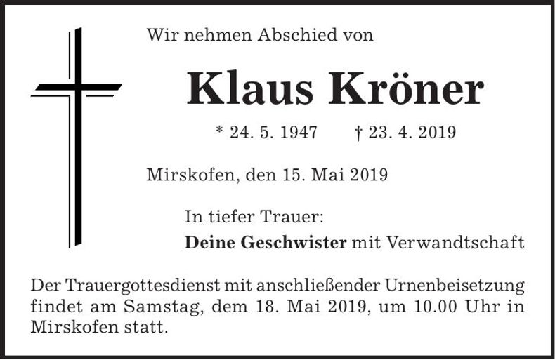 Traueranzeige Klaus Kröner