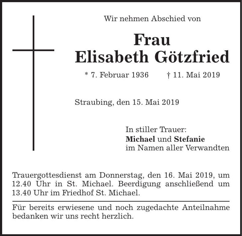 Traueranzeige Elisabeth Götzfried