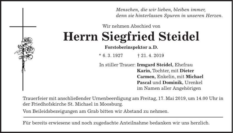 Traueranzeige Siegfried Steidel