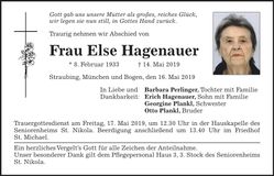 Traueranzeige Else Hagenauer