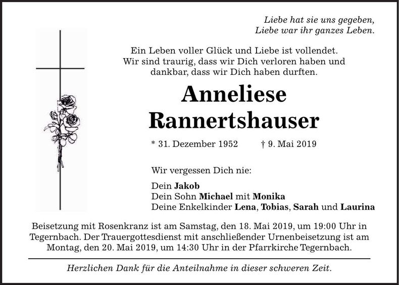Traueranzeige Anneliese Rannertshauser