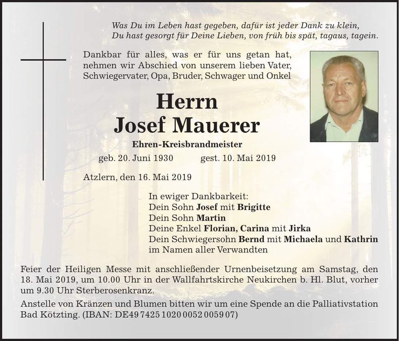 Traueranzeige Josef Mauerer
