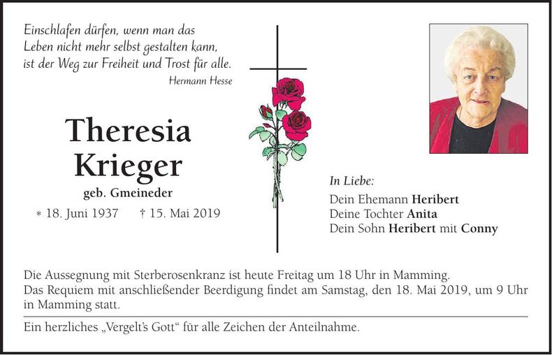 Traueranzeige Theresia Krieger