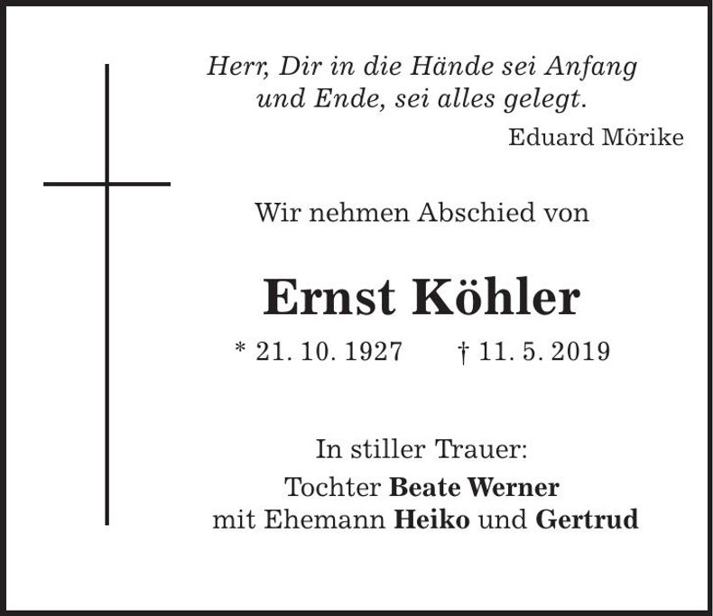 Traueranzeige Ernst Köhler