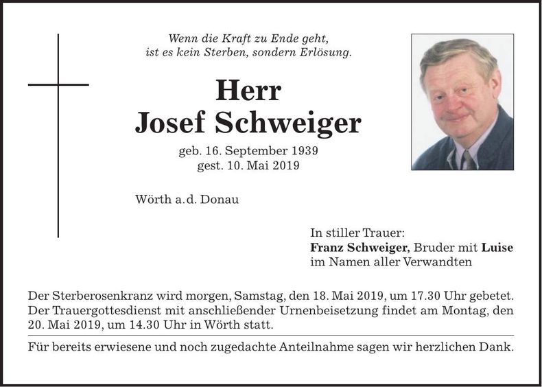 Traueranzeige Josef Schweiger