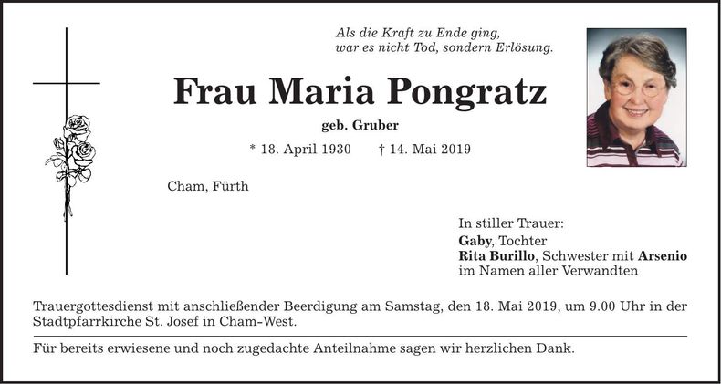 Traueranzeige Maria Pongratz