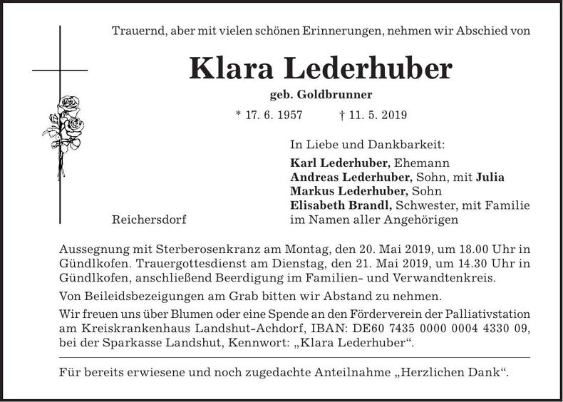 Traueranzeige Klara Lederhuber