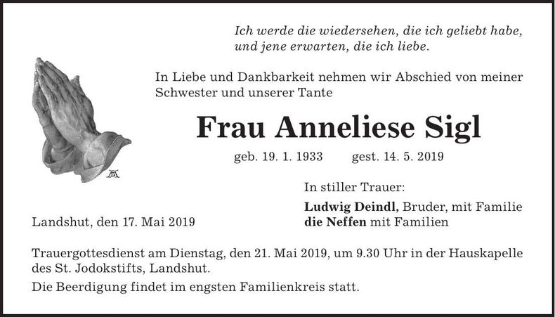 Traueranzeige Anneliese Sigl