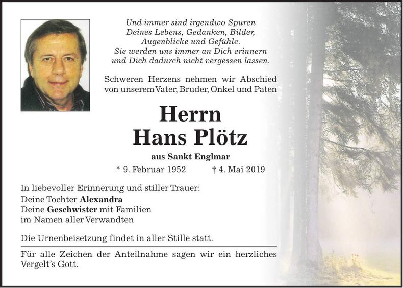 Traueranzeige Hans Plötz