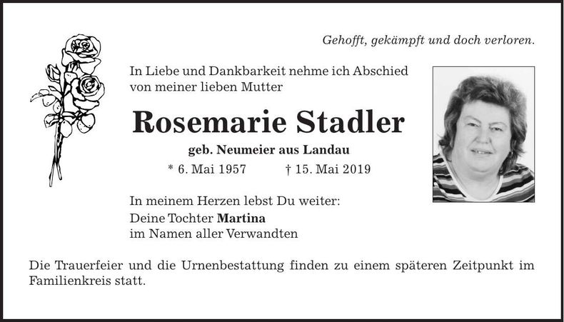 Traueranzeige Rosemarie Stadler