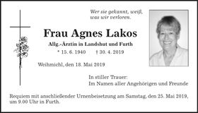 Traueranzeige Agnes Lakos