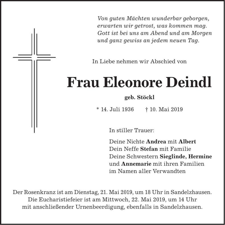 Traueranzeige Eleonore Deindl