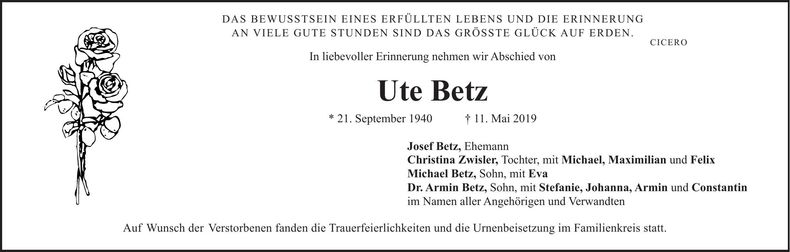 Traueranzeige Ute Betz