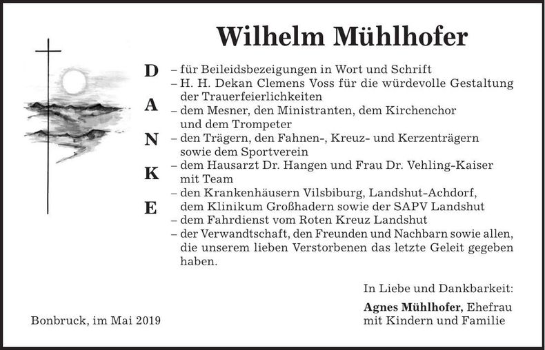 Traueranzeige Wilhelm Mühlhofer