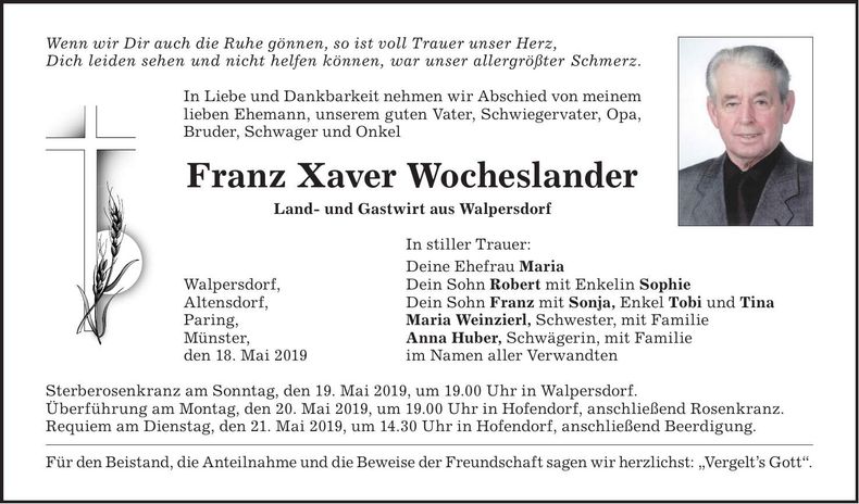 Traueranzeige Franz Xaver Wocheslander