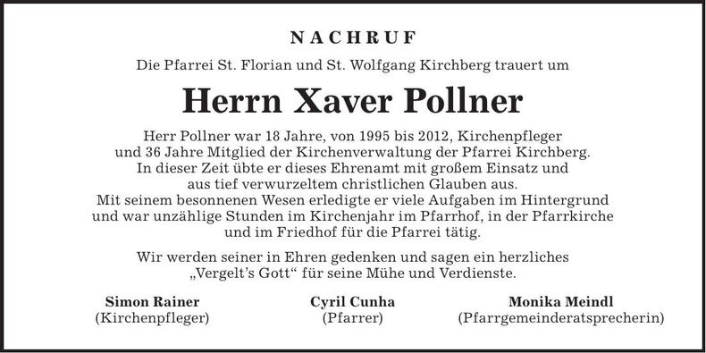 Traueranzeige Xaver Pollner