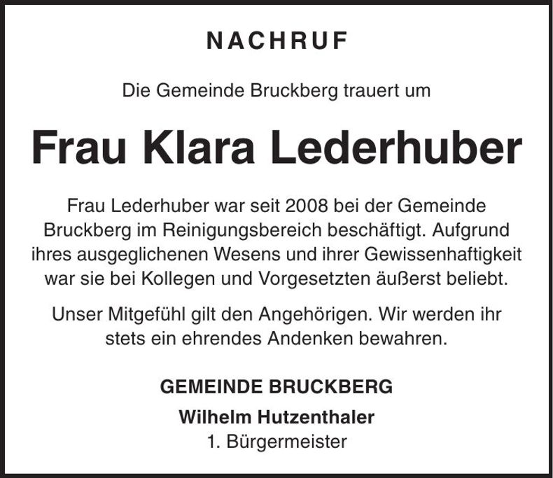 Traueranzeige Klara Lederhuber