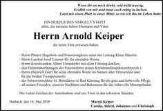 Traueranzeige Arnold Keiper