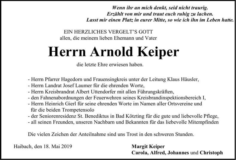 Traueranzeige Arnold Keiper