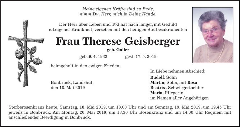 Traueranzeige Therese Geisberger