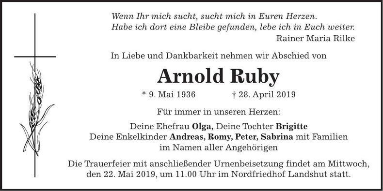 Traueranzeige Arnold Ruby