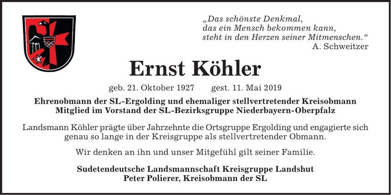 Traueranzeige Ernst Köhler