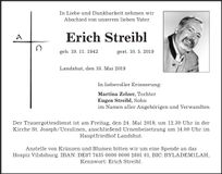 Traueranzeige Erich Streibl