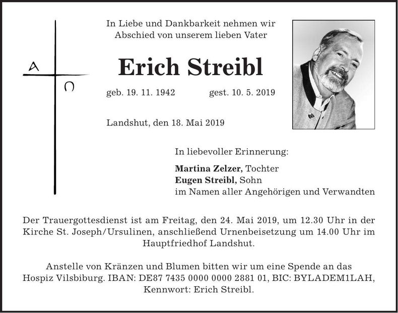 Traueranzeige Erich Streibl