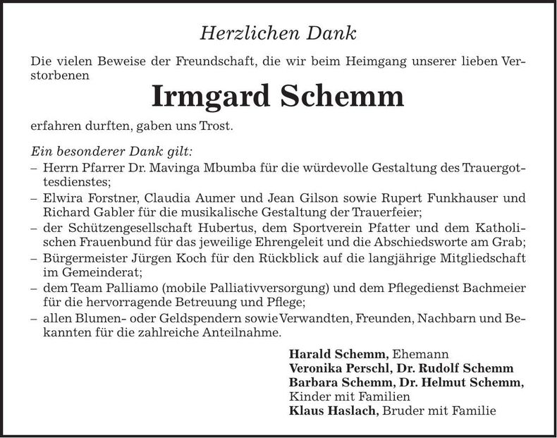 Traueranzeige Irmgard Schemm