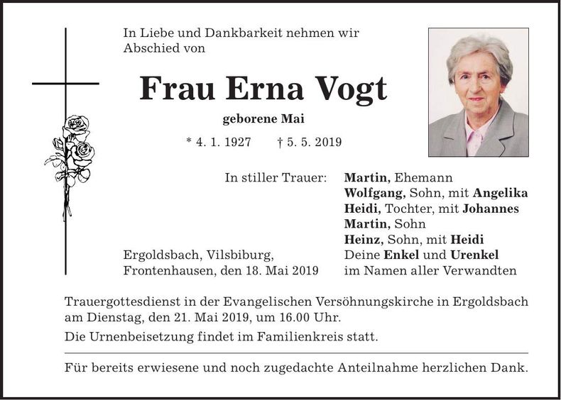 Traueranzeige Erna Vogt