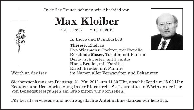 Traueranzeige Max Kloiber