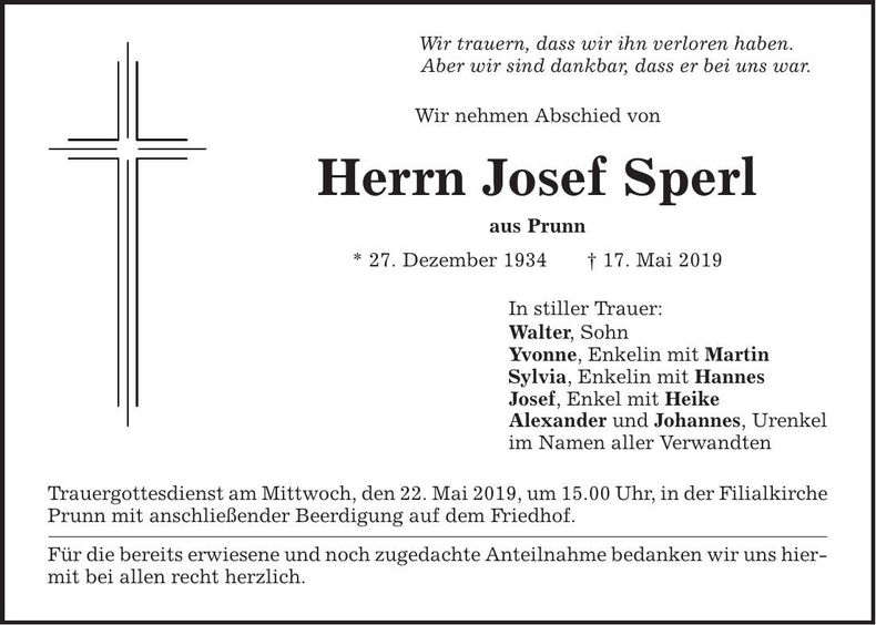 Traueranzeige Josef Sperl