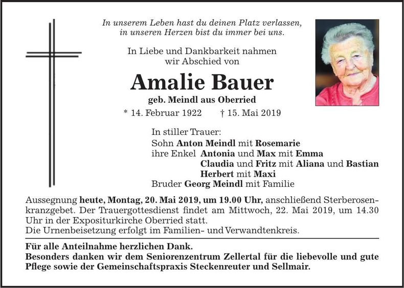 Traueranzeige Amalie Bauer