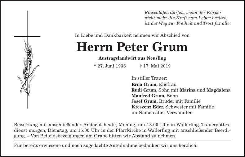 Traueranzeige Peter Grum