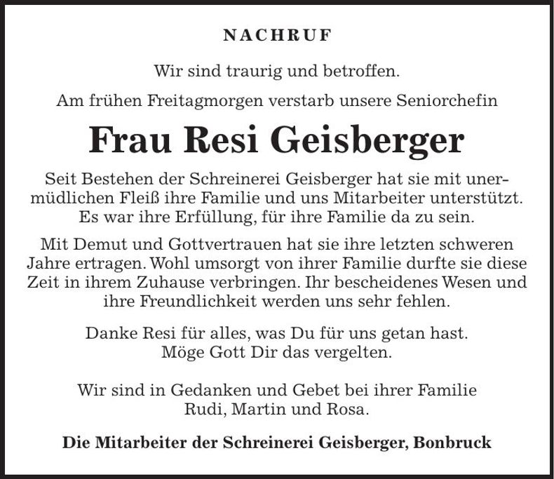 Traueranzeige Resi Geisberger
