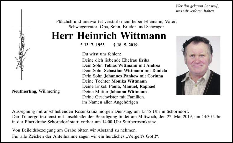 Traueranzeige Heinrich Wittmann