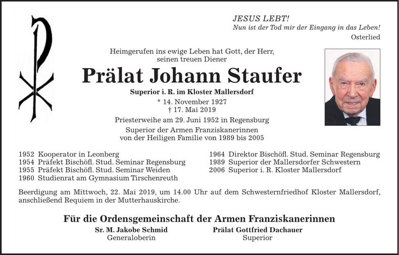 Traueranzeige Johann Prälat Staufer