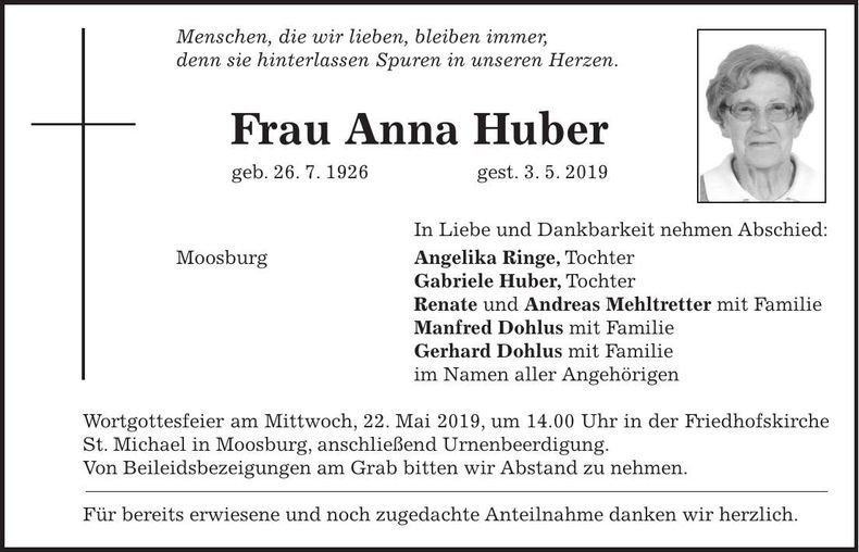 Traueranzeige Anna Huber